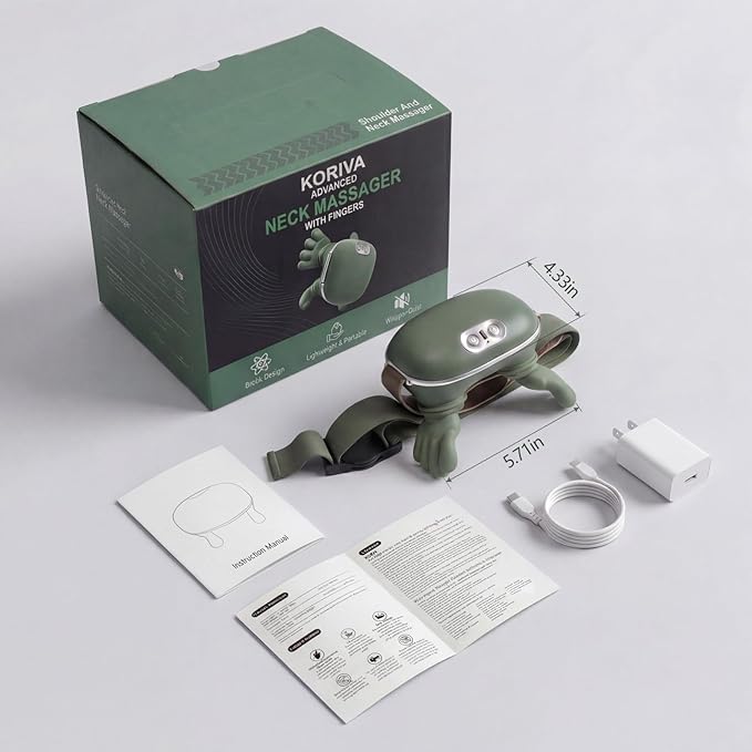 Neck Massager with Heat, 4D Bionic Finger Neck and Shoulder Massager, Hands-Free Cordless Deep Tissue Kneading Massager for Muscle Relaxation, Gifts for Women Men, Green