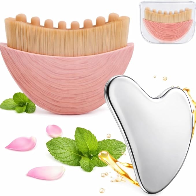 Lymphatic Contour Face Brush with Stainless Steel Gua Sha Tool - Lymphatic Face Brushes with GuaSha Tool | Gua Sha Facial Tools | Lymphatic Drainage Massager Face Brush for Sculpting