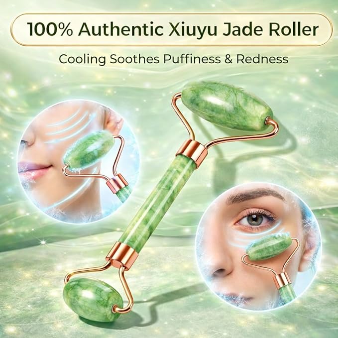 Lymphatic Contour Face Brush & Natural Jade Roller Set - Premium Xiuyu Jade Gua Sha Tool with Facial Massage Roller - Complete Skin Care Kit for Jawline Sculpting, Puffiness Relief (Green)
