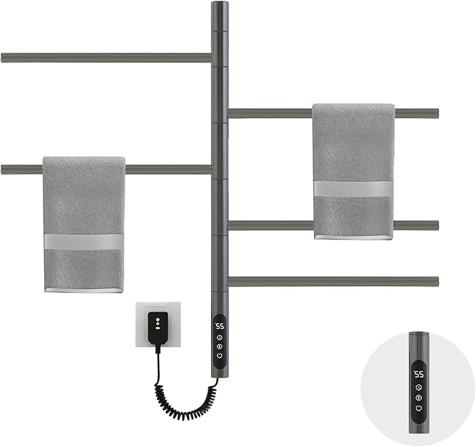 Electric Towel Warmer,5-Bar Rotating Heated Towel Rack,2-3 Minutes to 55°C/131°F,Wall Mounted Towel Warmer with Timer and Multi-Stage Temperature Regulation,Plug-in/Hard-Wired,Grey