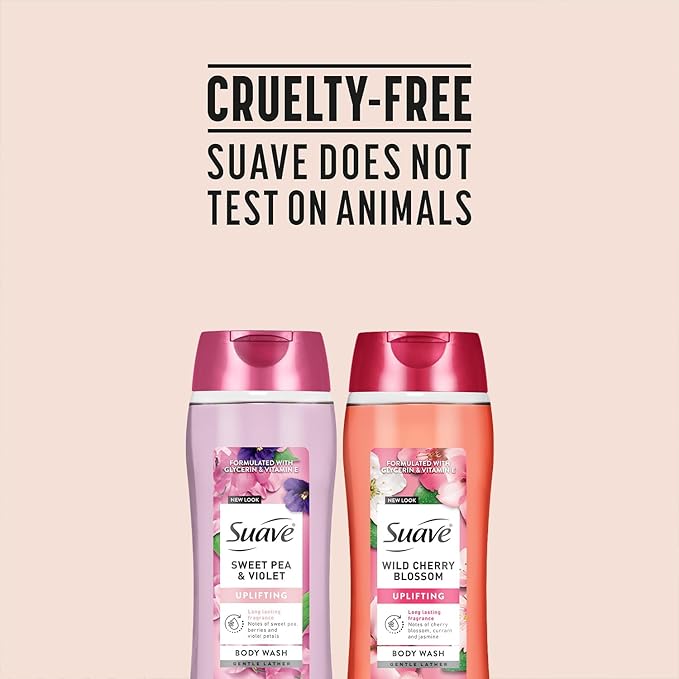 Suave Body Wash Variety 2-Pack, Sweet Pea & Violet + Wild Cherry Blossom – Gentle Body Washes with Floral Blend Oil Essence, 18 Oz Ea