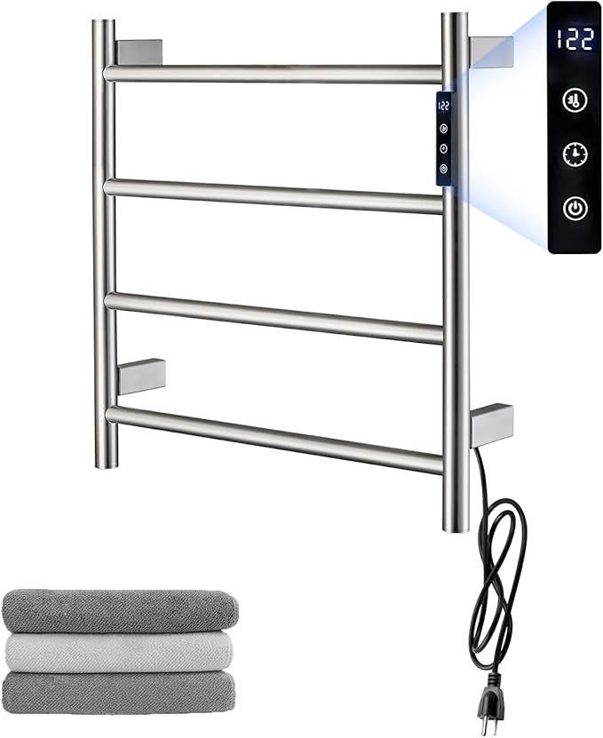 Heated Towel Racks,4 Bars Towel Warmer Rack for Bathroom, Wall Mounted Electric Towel Warmer with Timer, Plug-in/Hardwired Towel Dryer Rack Chrome