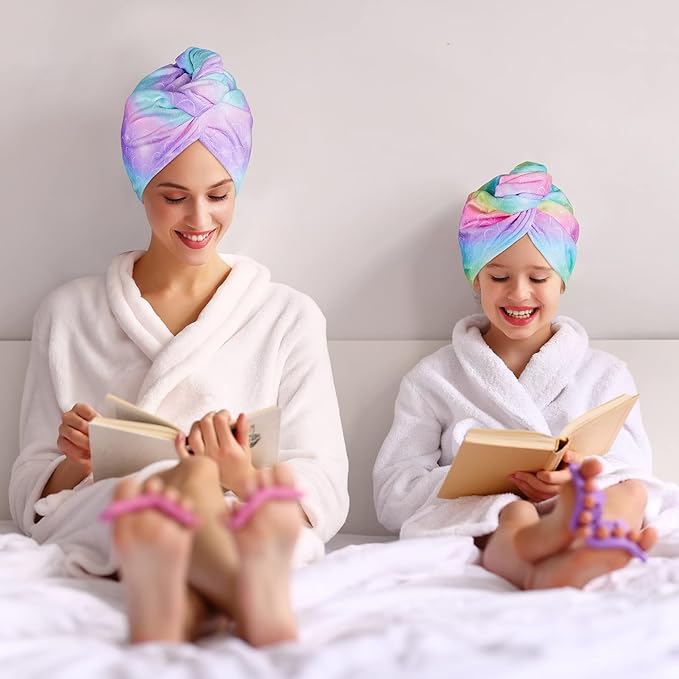 Basumee Microfiber Hair Towel Wrap for Kids 2 Pack Rapid Drying Hair Towel with Button Hair Turbans for Wet Hair Wraps Head Towel Wrap for Women and Girls, Rainbow