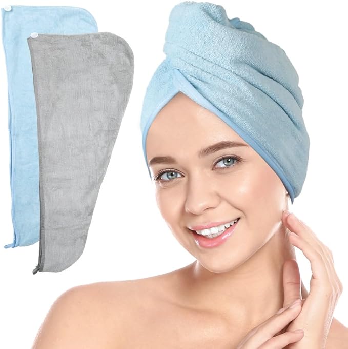 ForPro Professional Collection Premium Microfiber Hair Towel Wrap, 2-Pack Quick Drying Hair Turban for Women, 10" x 26", Cool Grey + Sky Blue