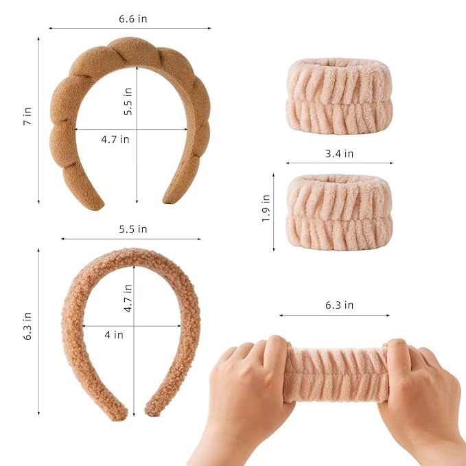 2Pcs Spa Headband for Washing Face & 1 Pair Wristband Set - Sponge Makeup Skincare Headband, Terry Cloth Bubble Soft Hairband, Puffy Padded Non-Slip Thick Hair Accessory for Women & Girls (Brown)