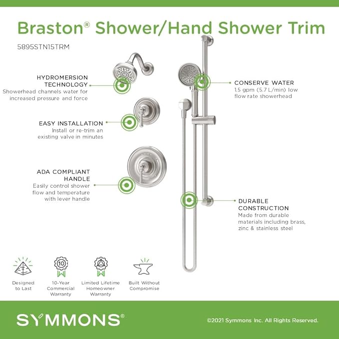 Symmons Braston HydroMersion Double Handle Shower Trim Kit with Hand Spray in Satin Nickel - 5895STN15TRM
