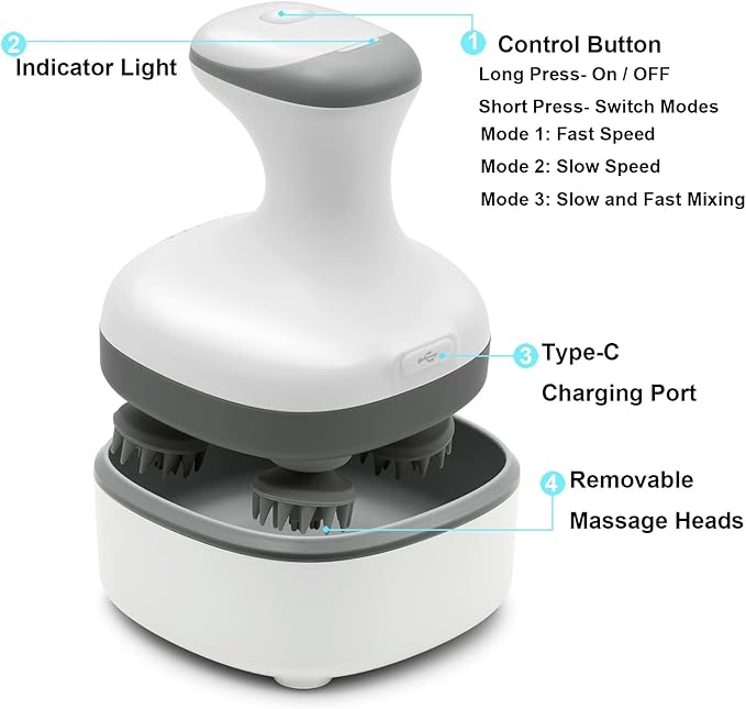 VIVIYA Electric Scalp Massager, Portable Rechargeable Head Massager with 8 Removable Massage Claws, Waterproof Handheld Hair Scalp Scratcher for Full-Body Massage and Stress Relax