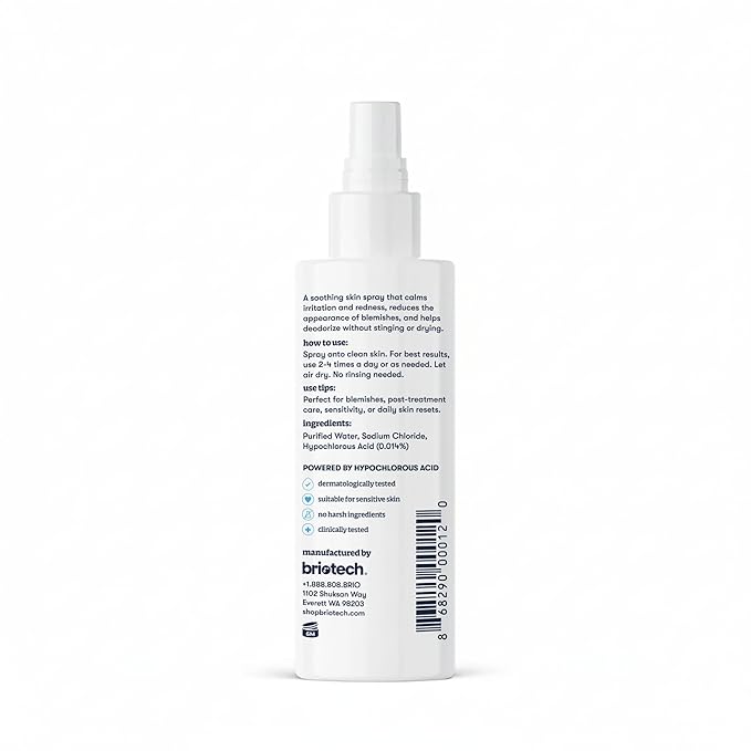 BRIOTECH Topical Skin Spray, Hypochlorous Acid Spray for Sensitive Skin, HOCl Facial Mist, Full Body Support Against Irritation, Calm Redness, Soothe Foot & Scalp, 2 oz Travel Size (2 Pack)