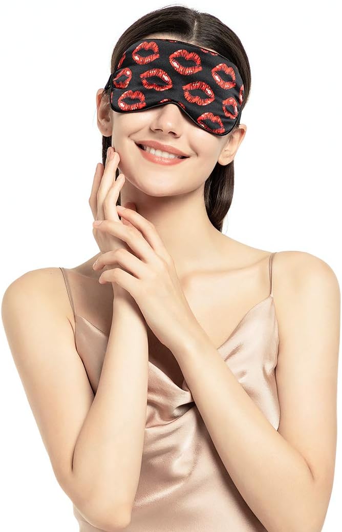 100% Mulberry Silk Sleep Mask Blackout, Cute Natural Sleeping Mask with Adjustable Elastic Strap, Satin Eye Cover for Men Women Adults (Kiss)