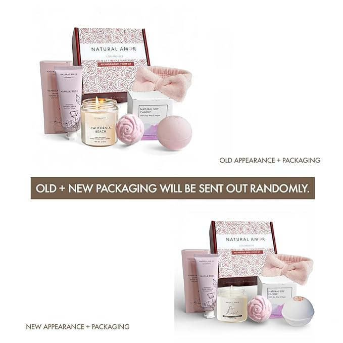 Natural Amor Relaxation Spa Gift Set for Women, 5 Piece Bath & Body Box with Candle, Hand Cream, Bath Bombs & Headband, Self Care Gift for Her