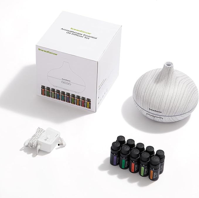 InnoGear Aromatherapy Diffuser & 10 Essential Oils Set, 400ml Diffuser Ultrasonic Diffuser Cool Mist Humidifier with 4 Timers 7 Colors Light Waterless Auto Off for Mother's Gift, White Grey