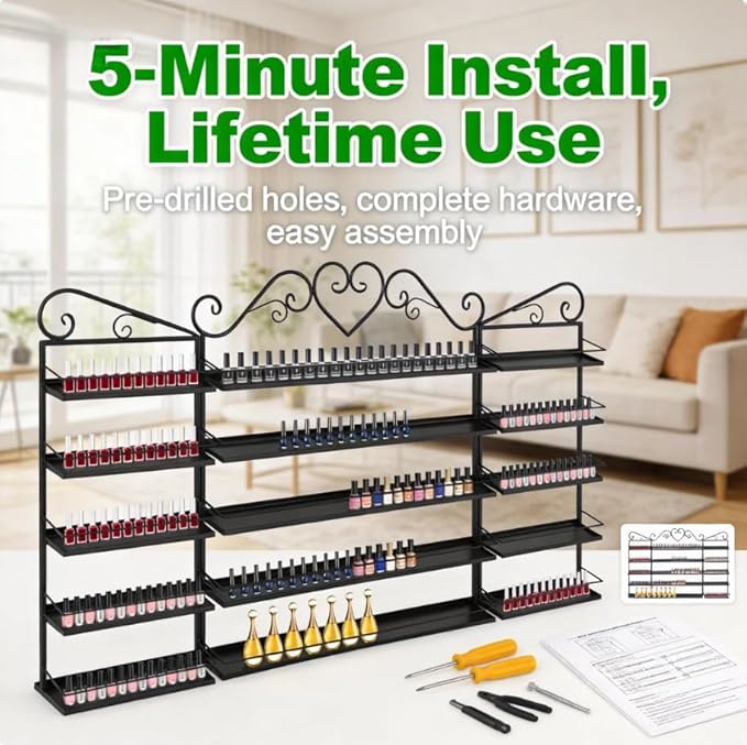 5 Tiers Wall-Mounted Nail Polish Storage Rack,Nail Polish Bottle Holder, 200 Bottles Organizer Shelf, with Lipstick Perfume Shelf for Home Spa Nail Salon Shop(Black)