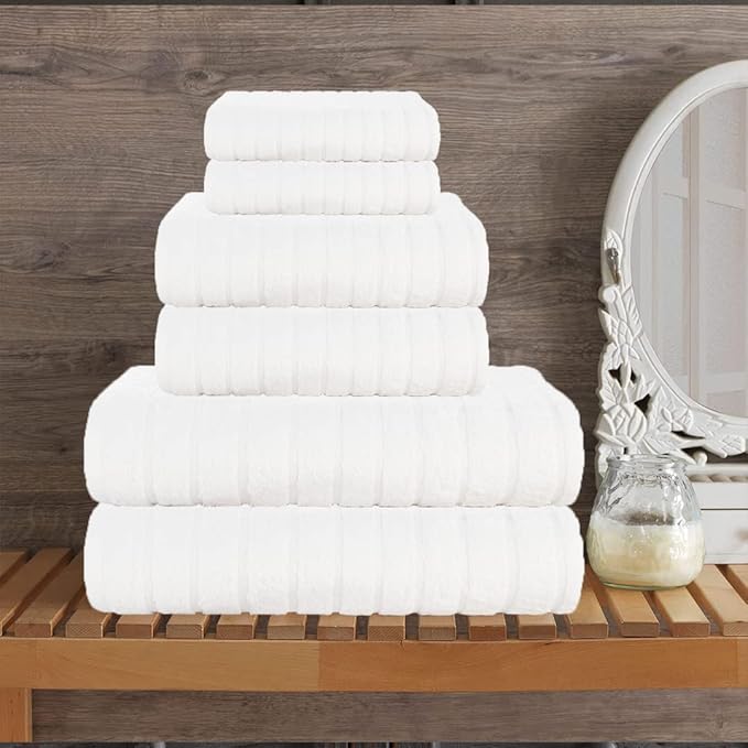 CASA COPENHAGEN Ecstatic 6Pcs 100% Egyptian Cotton Large Designer Towels Gift Set- Full White, 600GSM, 2Bath 2Hand 2Washcloths, Bath Towels for Bathroom Set for Women & Men