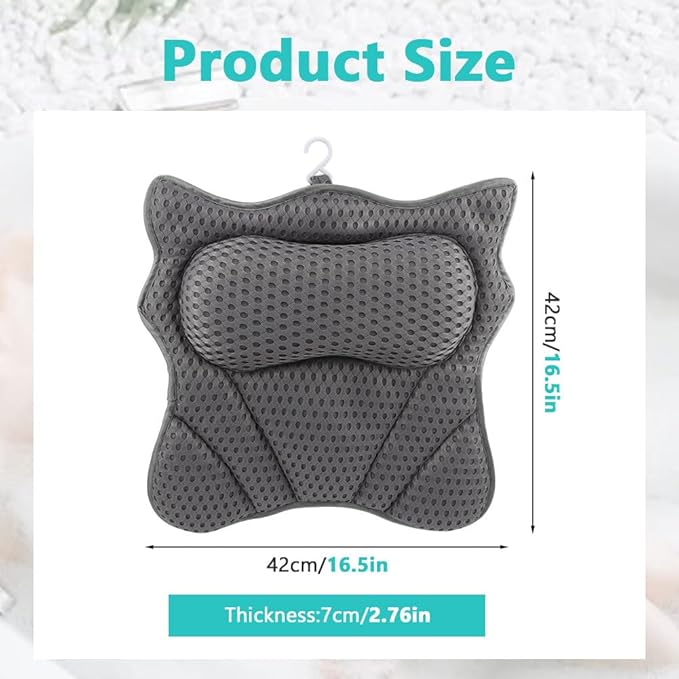 Bath Pillow,Ergonomic Bathtub Pillows for Tub Neck and Back Support,with 6 Powerful Suction Cups,Provide Shoulder and Back Relaxing,Bath Accessory,Fits All Types Bathtub(Grey)