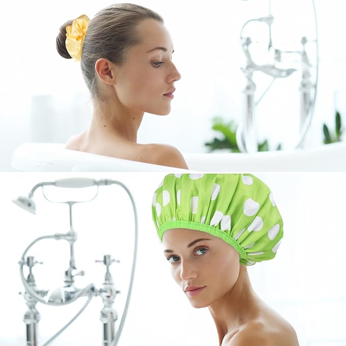 WSICSE 2 Packs Large Shower Caps for Women, Reusable Waterproof Shower Cap Bath Caps with Hair Scrunchies for Long Thick Hair (Cyan/Yellow)