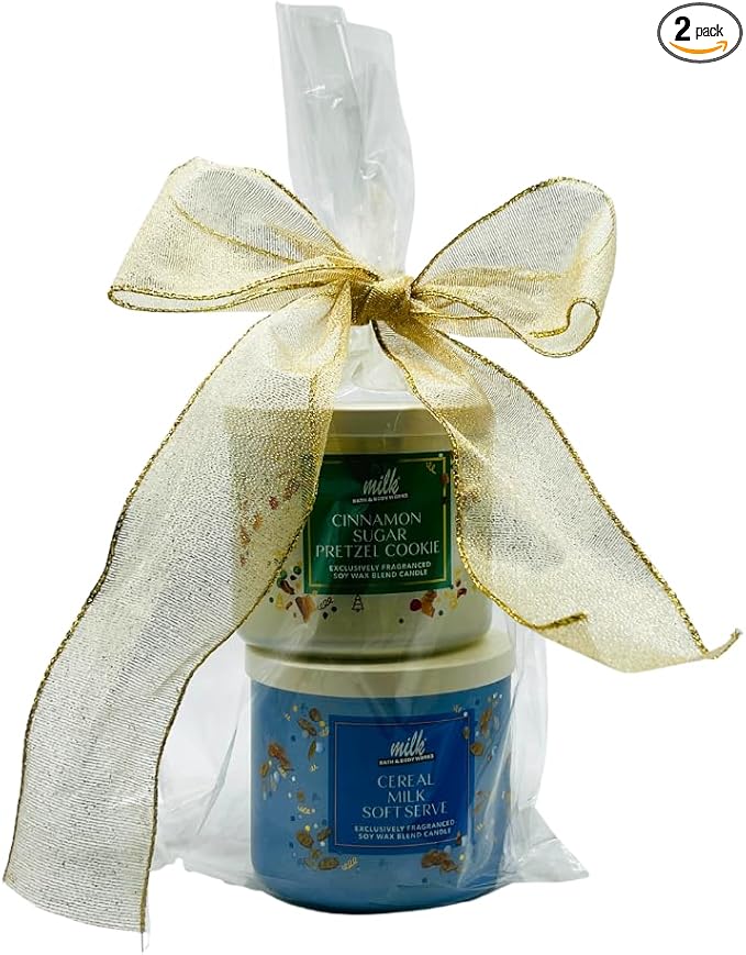 Bath & Body Works Milk BAR Collection Holiday Dessert Scents 3-Wick Scented Candle 2pc Gift Set w/ 40-inch Gold Metallic Ribbon Bow -14.5 oz (Cinnamon Sugar Pretzel Cookie & Cereal Milk Soft Serve)