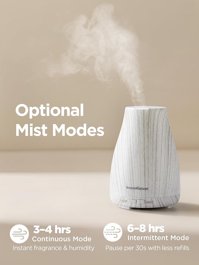InnoGear Essential Oil Diffuser, Ultrasonic Diffusers for Home Aromatherapy Humidifier for Mother's Gift Bedroom Room 7 Colors LED 2 Mist Mode Auto Off, White Grey