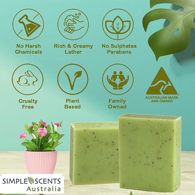 Simple Scents Australia Lemon Myrtle Scented Natural Soap Bars (5 Bars), 3.5oz Moisturizing French Triple Milled Soap Bars Enriched with Shea Butter - Pure Plant Oil Bath & Body