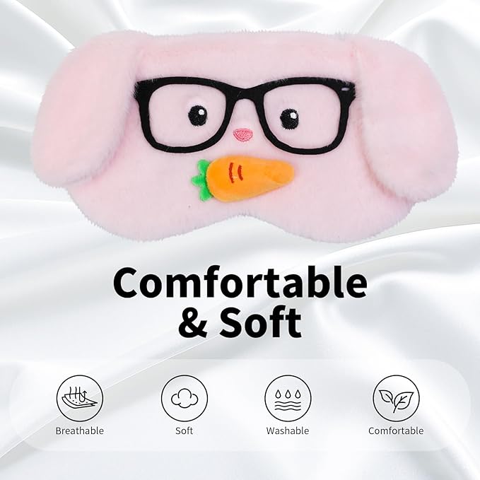 PERFECTSIGHT Sleep Eye Masks, Cute Plush Sleep Eye Cover Lightweight Adjustable Eyeshade Faux Fur Mask Cover for Women Men Kids Sleep Travel Nap, Glasses Bunny