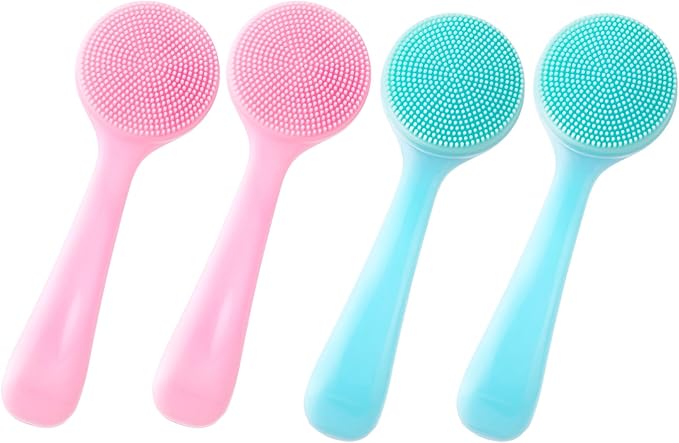 HINZIC 4 Pack Silicone Manual Facial Cleansing Brush, Skin Friendly Waterproof Face Cleaning Scrubber Exfoliator Cleanser for Blackheads Whiteheads Makeup Residues Removal- 2 Blue & 2 Pink