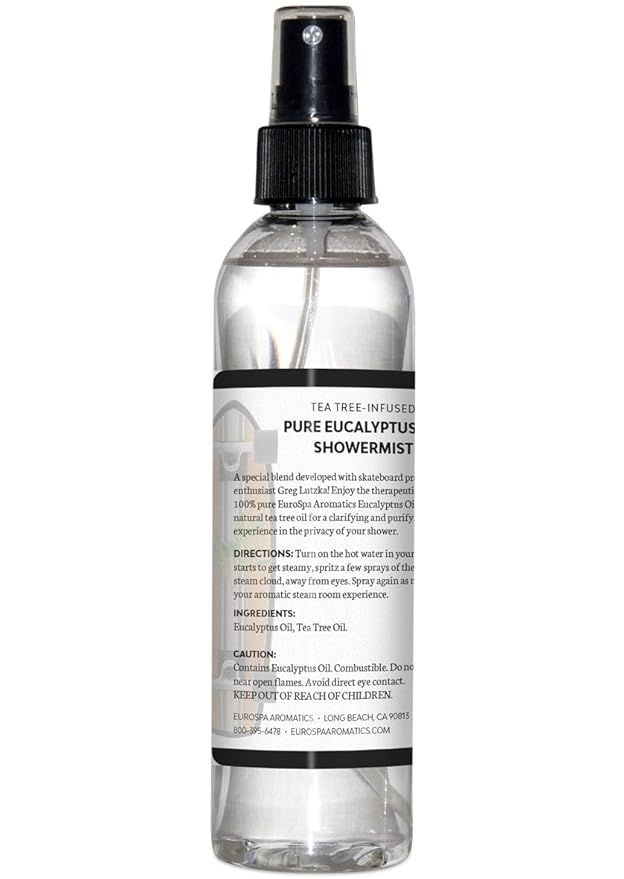 EuroSpa Aromatics Pure Eucalyptus Oil ShowerMist and Steam Room Spray, All-Natural Premium Aromatherapy Essential Oils - Tea Tree Infused, 8oz