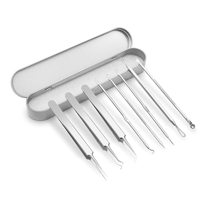 Pinkiou Blackhead Remover Comedone Pimple Popper Tool Acne Extractor Blemish Remover Ingrown Hair Tweezers Removal Kit Whitehead Remover Zit Treatment Skincare Tools for Face Nose,8 PCS