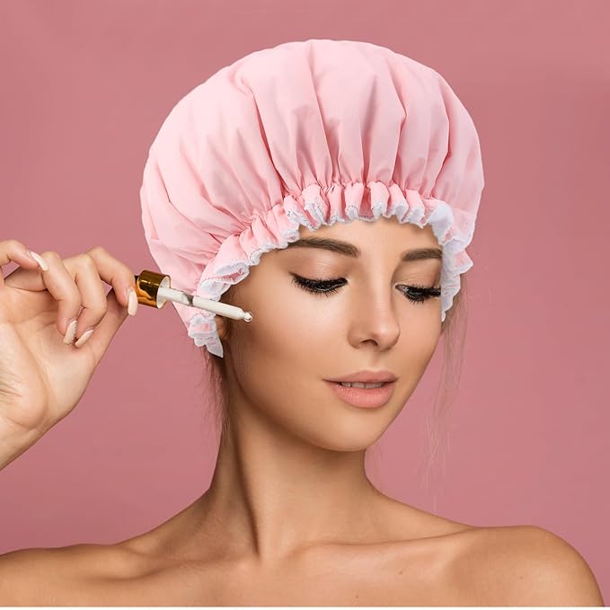 Reusable Shower Caps for Women, Pink Terry Cloth Lined Shower Cap Double Layer Reusable Bath Cap Waterproof Elastic Band Hair Cap for All Hair Lengths for Women Spa Home Salon Use(Pink)