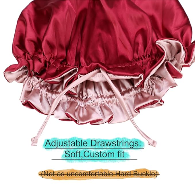 Adjustable Silk Satin Bonnet Hair Care Caps for Women Girls Loose-fitting Reversible Sleeping Cap Shower Caps Hair Wrap Bonnets (001 Wine/Blush)