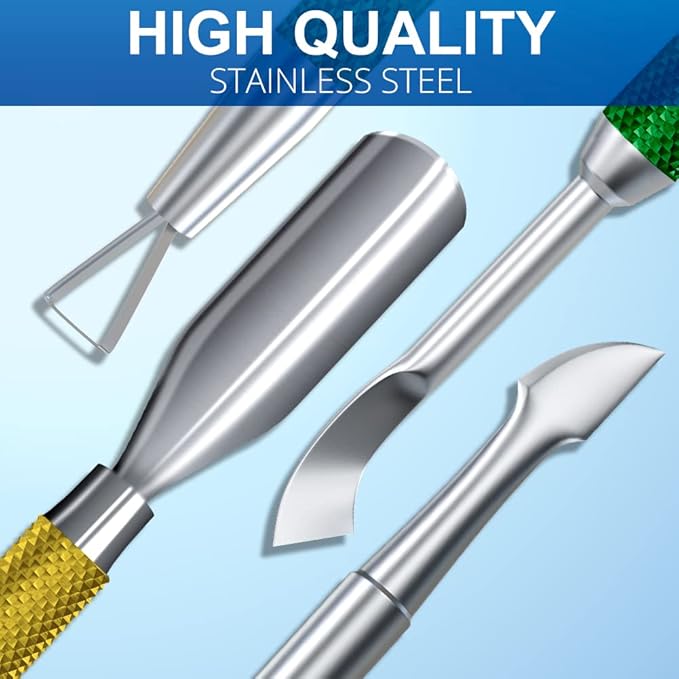 2PCS Metal Yellow-Green Gradient Cuticle Pusher and Cutter Remover Salon Quality Stainless Steel Gel Nail Polish Peeler Scraper Durable Manicure and Pedicure Cleaner Tool For Fingernail and Toenail
