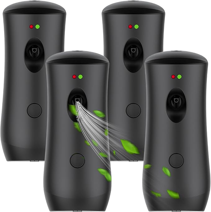 Automatic Air Freshener Spray Dispenser (4-Pack), Free Standing or Wall Mounted Adjustable Aromatherapy Machines for Home, Indoor, Bathrooms, Offices, Hotels and Commercial Places (Black, 001)