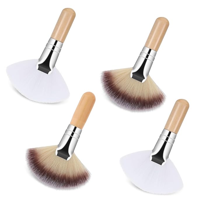 Thinp 4 Pcs Facial Brushes Esthetician Facial Brush Fluffy Fan Brushes Face Soft Bristle Highlighting Blush with Short Handle for Women Girls Loose Powder Blush