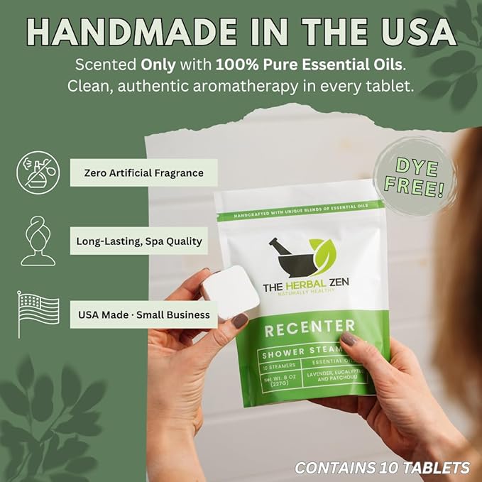 Recenter Shower Steamers Aromatherapy for Relaxing - USA Made Mothers Day Gift for Her - Lavender & Eucalyptus Shower Bomb Tablets – Soothing Natural Essential Oils (10 Pack)