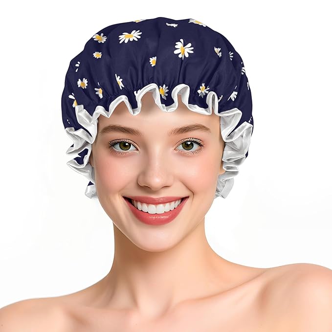 Waterproof Shower Caps for Women, Pattern And Solid Color Dual-Layer Design For Dual-Layer Usable, Protects Hair In Shower, Cooking, Spa, Clean & Travel (Daisy Blue)