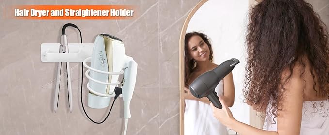 YUET Hair Dryer Holder Hairdryer Station Wall Mounted Shelf Bracket Straightener Stand Hanger Organizer Blow Storage with Cable Tidy Rack for Dressing Table Bathroom Aluminum Professional, White