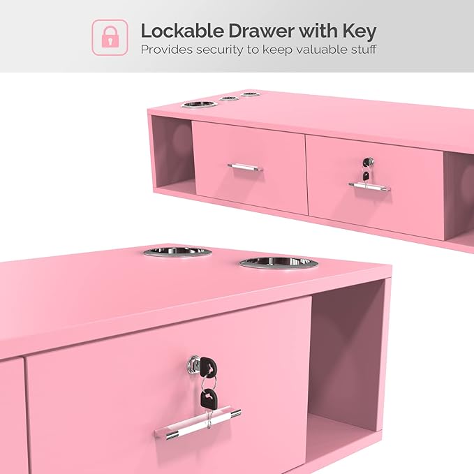 OmySalon Locking Wall Mount Styling Station, Beauty Barber Spa Equipment, Salon Cabinet Station for Hair Stylist,Bathroom Dresser with 5 Hair Dryer Holders,Pink