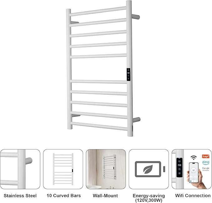 Electric Towel Rack with Voice Control for Alexa & Google Home,TUYA-Wall-Mounted Bathroom Heating Towel Warmer,Stainless Steel Material,31.5x20.08x4.41in,Plug-in,White,10 Bars