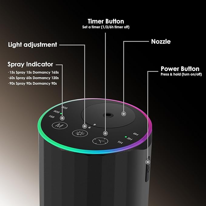 Waterless Essential Oil Diffuser, 7 Colors LED Light, Battery Powered Mini Scent Air Machine, Aromatherapy Mist Diffuser for Home Room Car Office，Black Aluminum Alloy (Black) (Black)