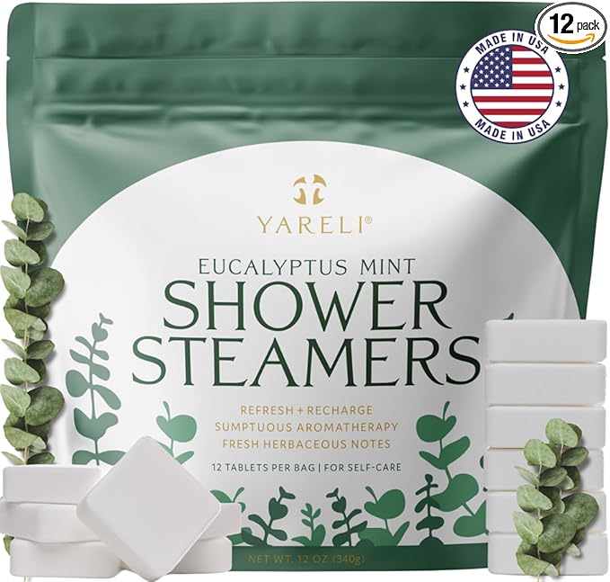 Yareli Eucalyptus Mint Shower Steamers Aromatherapy – Potent Essential Oils, Slow-Dissolve Tablets for Daily Shower Self-Care – Dye-Free, Made in USA – 12 Pack