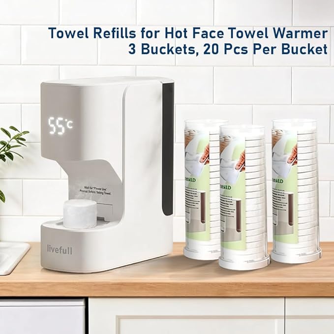 Towel Refills for Hot Face Towel Heater Machine, 60 Pcs Disposable Compressed Face Towels for Smart Towel Warmer, 3 Buckets, 20 Pcs Per Bucket