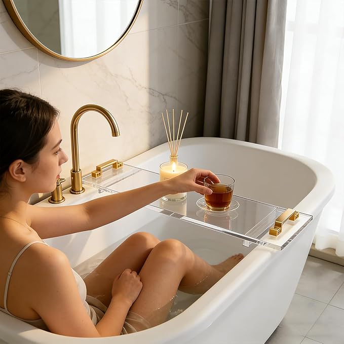 1CM Thick Clear Acrylic Bathtub Caddy with Metal Handles, Multifunctional Bath Tray for Wine Glass, Phone, Book & Bathroom Essentials, Fits Most Tubs, Spa Gift for Men & Women (42in)