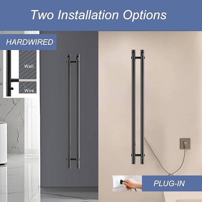 Heated Towel Rack, Towel Warmer with Timer, Wall Mounted hot Towel Warmer Rack for Bathroom, Hardwired or Plug-in Models Vertical Towel Heater, 2 Vertical Rack Round Design (Black)