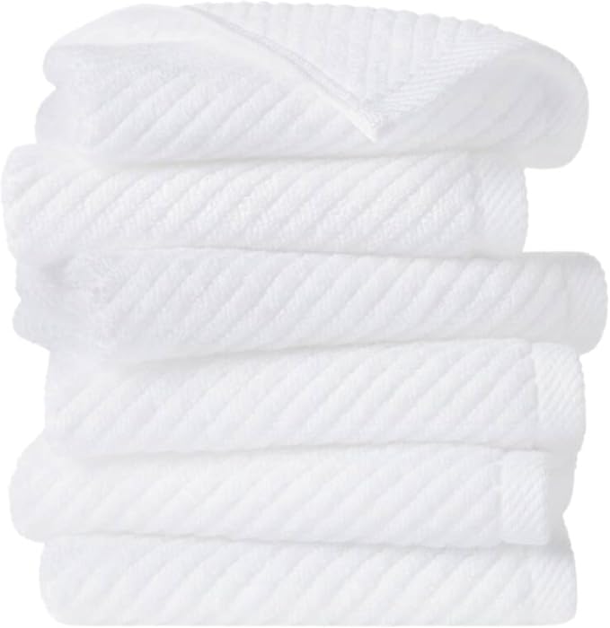 Madison Park 6-Piece Towel Washcloths Set for Bathroom 13" x 13" Diagonal Ribbed, White - 100% Cotton Soft Quick Dry & Absorbent Gift | Zero Twist, 500 GSM, Oeko-TEX, Hotel Quality