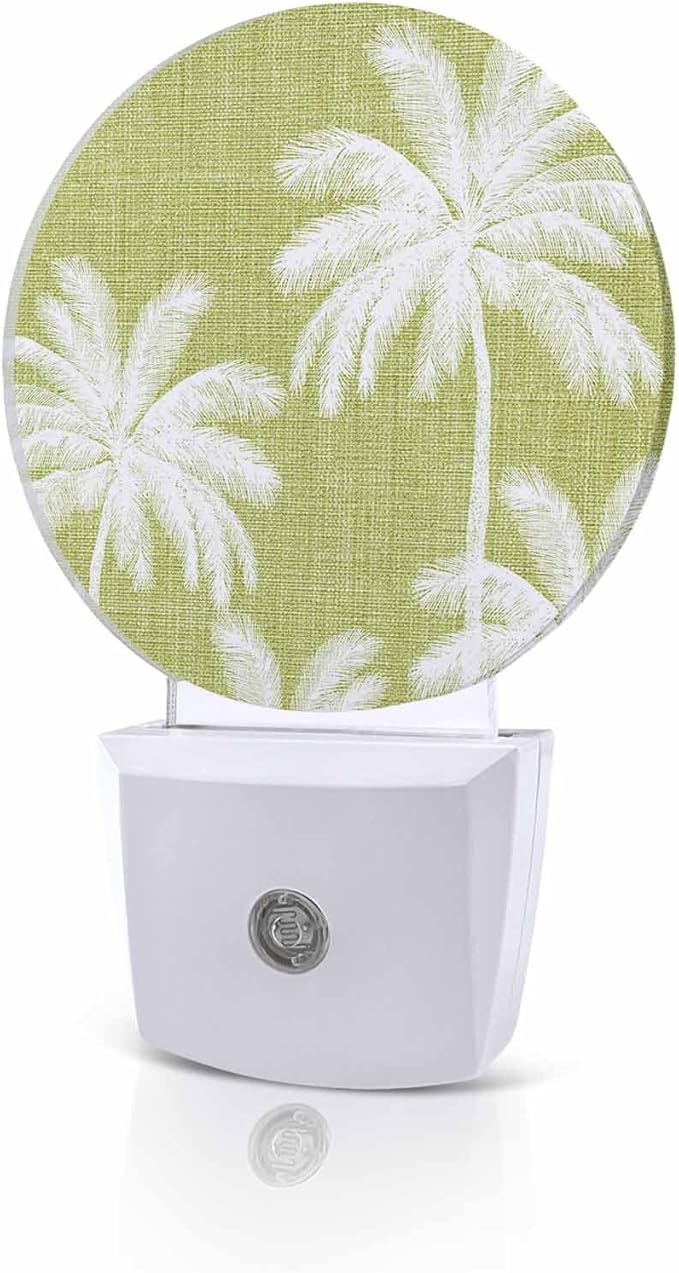 Night Lights Auto Sensor Tropical Palm Trees Night Light Lemon Yellow Linen Coastal Round Lamp Plug-in LED Nightlights Dusk to Dawn for Living Room Bedroom Bathroom Hallway Wall Decor