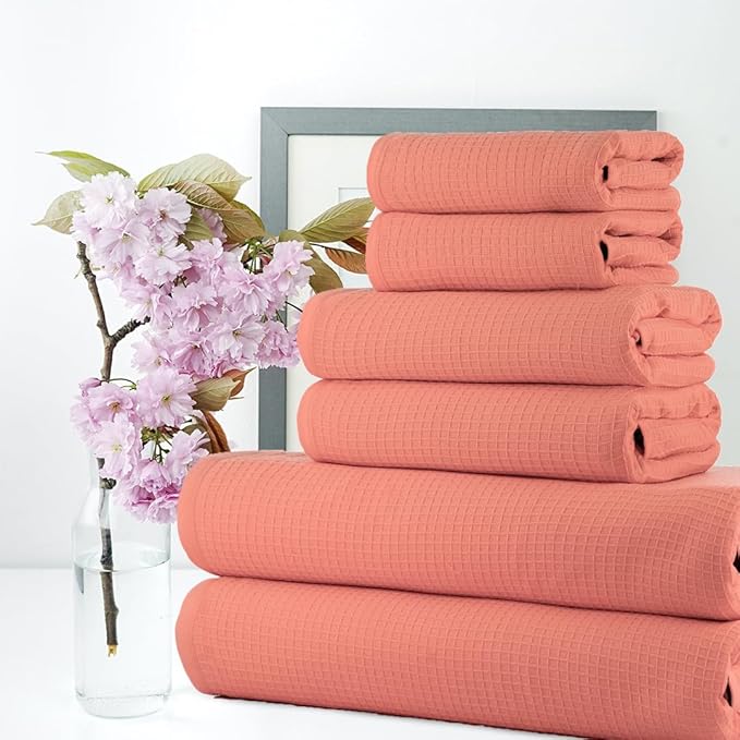 CASA COPENHAGEN Waffle 6Pcs 100% Egyptian Cotton Large Designer Towels Gift Set- Malibu Peach, 2Bath 2Hand 2Washcloths, Bath Towels for Bathroom (Box Pack, Set for Women & Men)