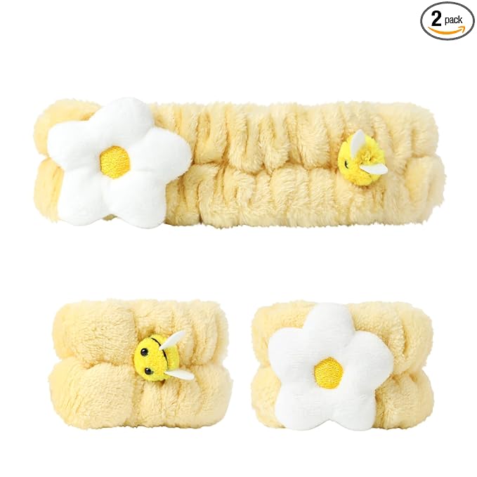 PERFECTSIGHT Kawaii Headband for Spa, Makeup, Washing Face, Party - 2 Pack Cute Hair Band for Shower Beauty Skincare, Soft Facial Headbands for Girls and Women (Yellow Flower Bee)