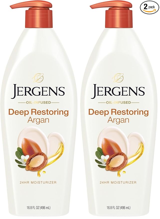 Jergens Deep Restoring Argan Oil Moisturizer, Soothing Body and Hand-Lotion with Reviving Argan_Oil and Vitamin E, Oil-Infused, Dermatologist Tested, 16.8 oz (Pack of 2)