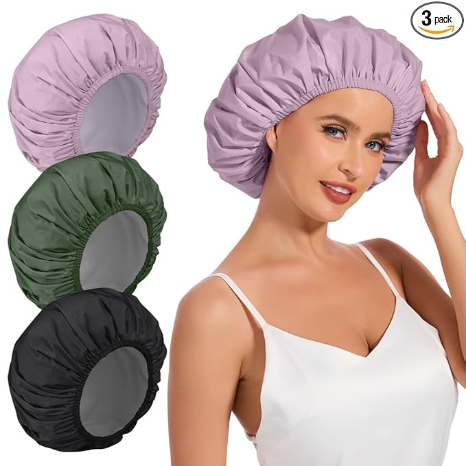 3 Pack Waterproof Reusable Shower Cap for Women, Hair Cap for Long Thick Hair, Lightweight Bath Hat for Daily Use