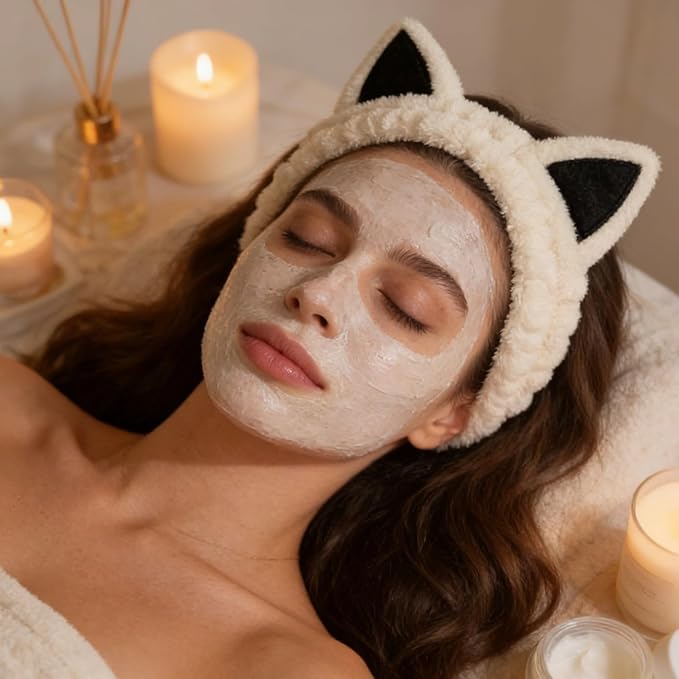 2 PCS Cute Cat Ear Spa Headband For Washing Face, Skincare Makeup Headbands For Women, Soft Coral Fleece Hair Accessories (Beige+ Khaki)