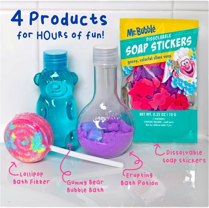 Mr Bubble Sweet Treats Bath Set, Lollipop Fizzer, Gummy Bear Bubble Bath, Bath Potion, Soap Stickers