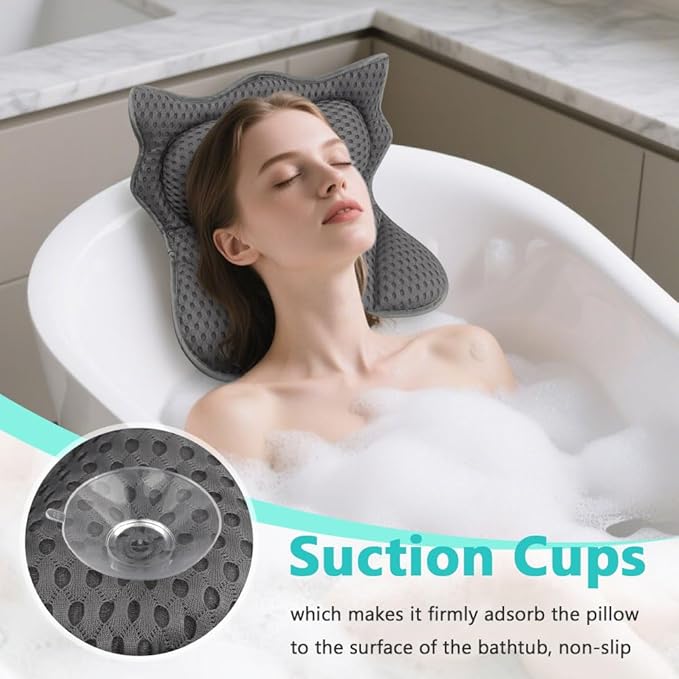Bath Pillow,Ergonomic Bathtub Pillows for Tub Neck and Back Support,with 6 Powerful Suction Cups,Provide Shoulder and Back Relaxing,Bath Accessory,Fits All Types Bathtub(Grey)